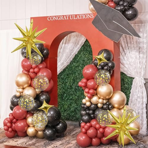 Image of Black Burgundy Gold Balloons Arch Kit, Maroon Black Gold Balloons Arch Garland, 98Pcs Black Red Metallic Gold Balloons with Stars Balloon for Birthdays Retirement Graduation Celebrations Class of 2025
