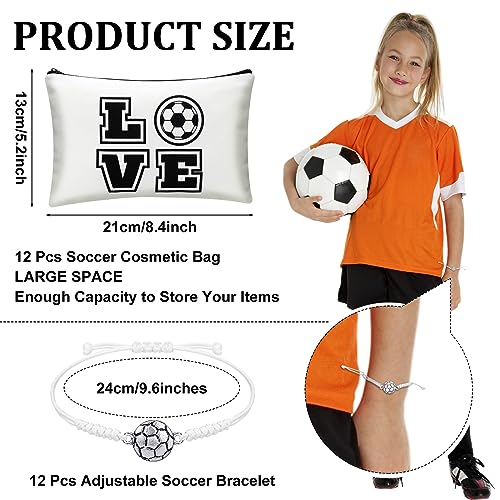 Sweetude 24 Pcs Soccer Gifts Bulk, 12 Adjustable Bracelets and 12 Makeup Bags, Soccer Accessories Gift Bag Stuffers for Team Girls Players Travel Charms Birthday Party Favors Supplies Prize(White)2
