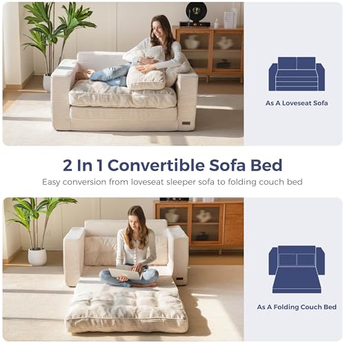 MAXYOYO Convertible Sofa Bed, Pull Out Loveseat Sleeper Sofa, 2 in 1 Folding Couch Bed, Fold Out Floor Couch with Pillows for Living Room Bedroom Lounge, Beige