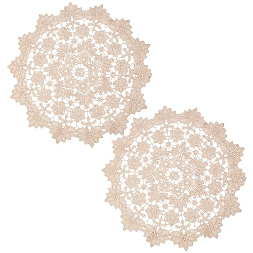 GORGECRAFT 2 napperons Ronds en Dentelle de 35cm de Diamètre Grands Dessous de Verre Ronds en Dentelle au Crochet Vintage Beige Feuilles Florales Brodées...