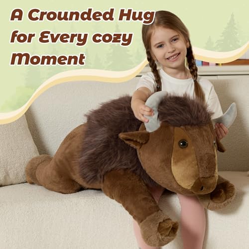 Image of MorisMos Bison Stuffed Animal, 32 inch Bison Plush Giant Stuffed Animal, Soft Cuddle Buffalo Plush, Cozy Plush Gift for Kids Boys Girls Birthday Christmas, Brown