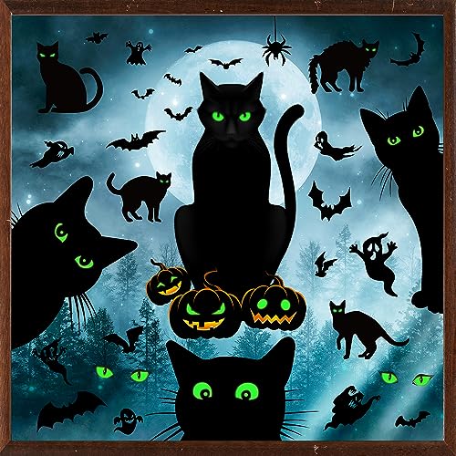 Quera Large Halloween Window Clings Black Cat Window Decorations Glow in The Dark Spooky Pumpkin Window Stickers Halloween Silhouette Window Stickers for School Home Office Party Decals, Double-Side