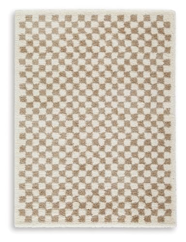 Image of Signature Design by Ashley Checkered Shag Area Rug, Taupe /Ivory, 5x7