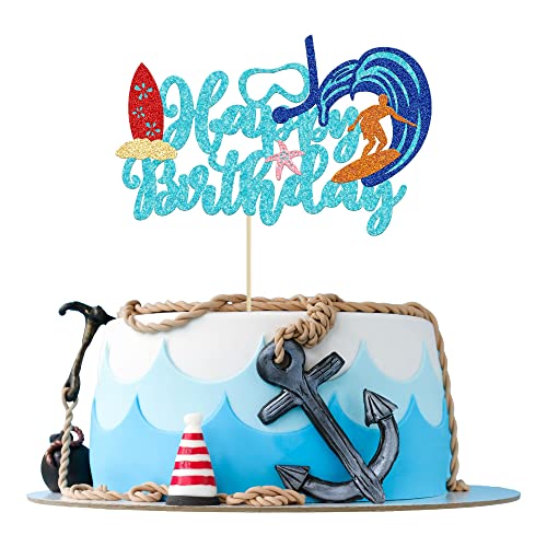 Gyufise 1Pc Happy Birthday Cake Topper Blue Glitter Summer Pool Swimming Surfing Cake Decoration for Beach Pool Party Decoration Supplies