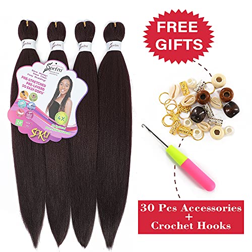 Soku Pre Stretched Braiding Hair Extensions 24 Inch - 4 Bundles Jumbo Knotless Box Braids Professional Synthetic Crochet Braid Natural Ez Braid Yaki Dark Wine Hair Bundles #TOP4