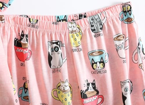 Image of CHUNG Women Cotton Pajama Sets Sleepwear pjs Short Sleeve Shirt Capri Length Crop Pants Cute Vivid Print