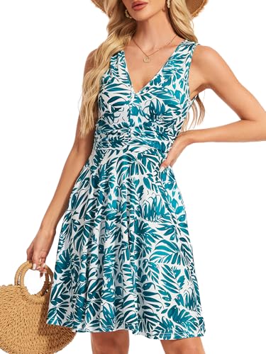 Image of Women's Spring Floral Sundress Sexy V Neck Sleeveless Ruffle Flowy Tank Short Summer Dress with Pockets
