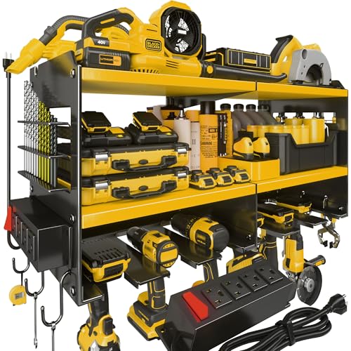 Spampur Large Power Tool Organizer Wall Mount with Charging Station, 3 Layer Heavy Duty Metal Tool Storage Rack Loads 420lbs with 6 Cordless Drill Holder, Utility Rack Loads with 4 Power Strip