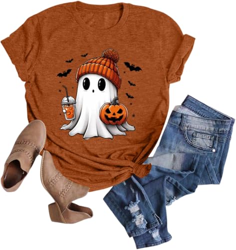 Anbech Women Halloween Shirts Funny Basic Fall T Shirt Cute Vintage Graphic Coffee Tees Casual Tops Tee