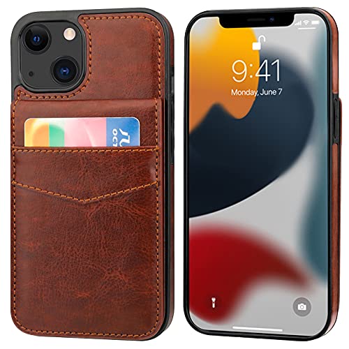 Image of KIHUWEY Compatible with iPhone 13 Case Wallet with Credit Card Holder, Premium Leather Magnetic Clasp Kickstand Heavy Duty Protective Cover for iPhone 13 6.1 inch(Brown)