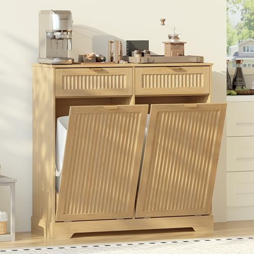 Image of Double 13 Gallon Tilt Out Trash Can Cabinet,Garbage Cabinet with Drawer | Hidden Garbage Storage with Fluted Design, Drawer & Hooks for Kitchen, Dining Room and Small Space Organization,Natural Oak