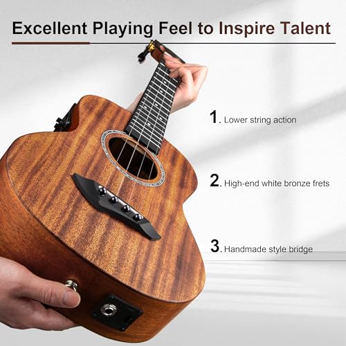 Image of 26 inch Caramel CT402 All Solid Mahogany Tenor Ukulele LCD color display Electric Uke Beginners Guitar Starter Pack Bundle Gig bag Strap Ukelele Set