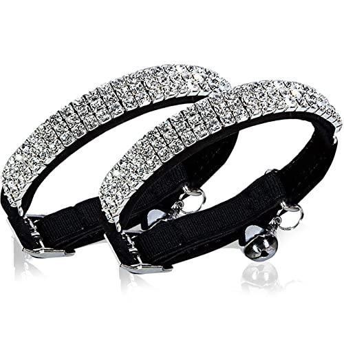 CHUKCHI Collar ajustable de terciopelo suave seguro para gatos, diamantes brillantes con campanas, 11 pulgadas para perros y gatos pequeños (negro, paquete de 2) Cover