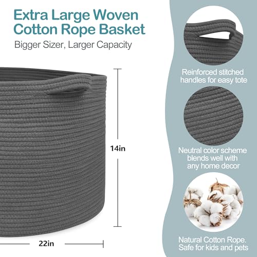 Image of MEGASKET Large Dark Grey Storage Basket, Woven Cotton Rope Baskets for Storage, Big Blanket Organizer Storage Basket for Living Room, Kids Room Toy Storage Organizer Box, Blanket Keeper (22 inchx14 inch)