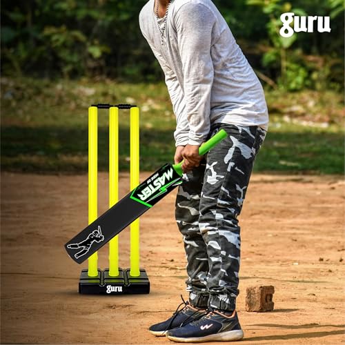 Image of Guru Cricket Wicket Set, Heavy Plastic Cricket Stumps Set - 3 Stumps + 2 Bails + 1 Base Stand