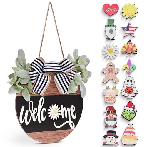 Interchangeable Welcome Sign for Front Door 12 Rustic Wood Wreath with 14 Seasonal Icons Year-Round Porch Decor & Housewarming Gift