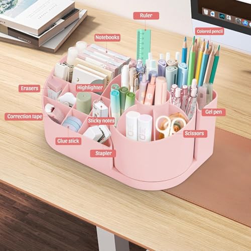 Image of Golden bird 360 Degree Rotating Desk Organizer Makeup Brush Organizers and Pencil Pen Organizers for Desk Desktop Storage Stationery Supplies Cute Pencil Cup Pot for Office School Home (PINK)