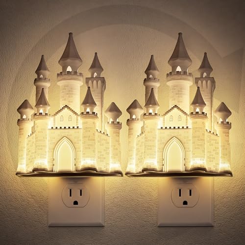 Image of JandCase Night Lights Plug into Wall, 2 Pack 3D Printed Castle Night Light | 3000K Plug in Nightlight with Dusk to Dawn Sensor, 0-100LM Adjustable Brightness for Rooms Bathroom Hallway