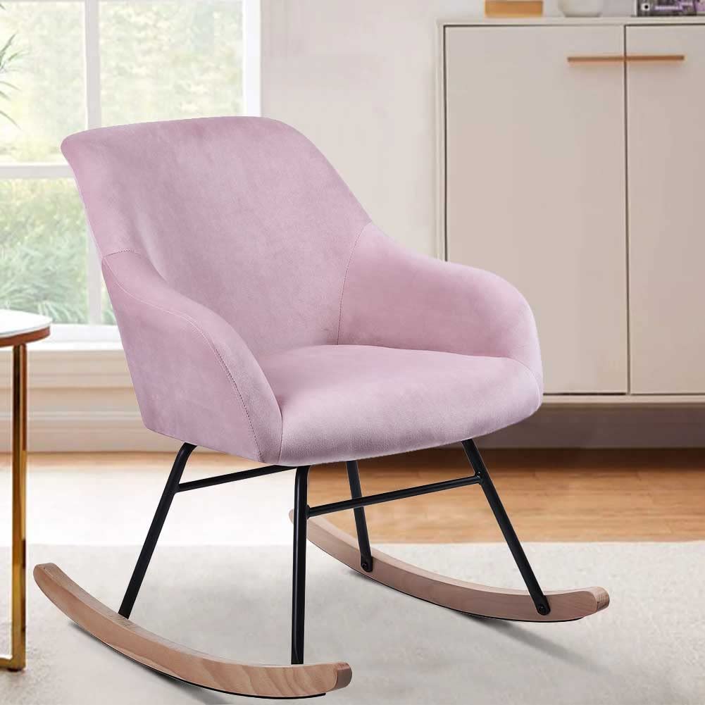 BAKAJI Poltrona Sedia a Dondolo Relax Casa Rivestimento in Tessuto Struttura Legno Imbottita Piedi in Metallo Base Dondonlante Legno Dimensione 60 x 78 x 78 cm Design Moderno Scandinavo (Rosa)