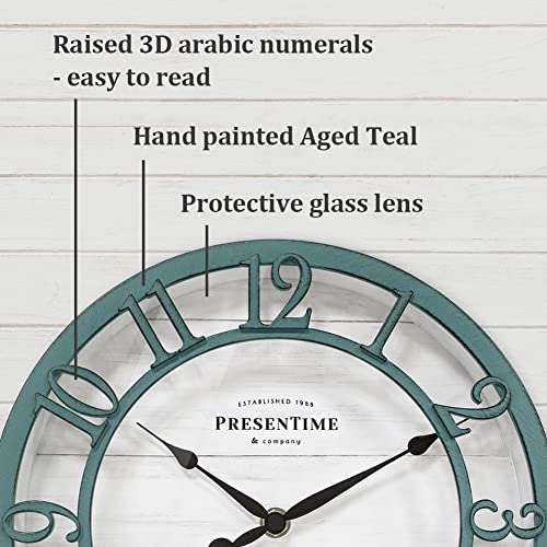 Presentime & Co 10" Farmhouse Series Wall Clock, Shiplap Style, Silent No Ticking, Raised 3D Arabic Numeral, Aged Teal Finish #TOP2