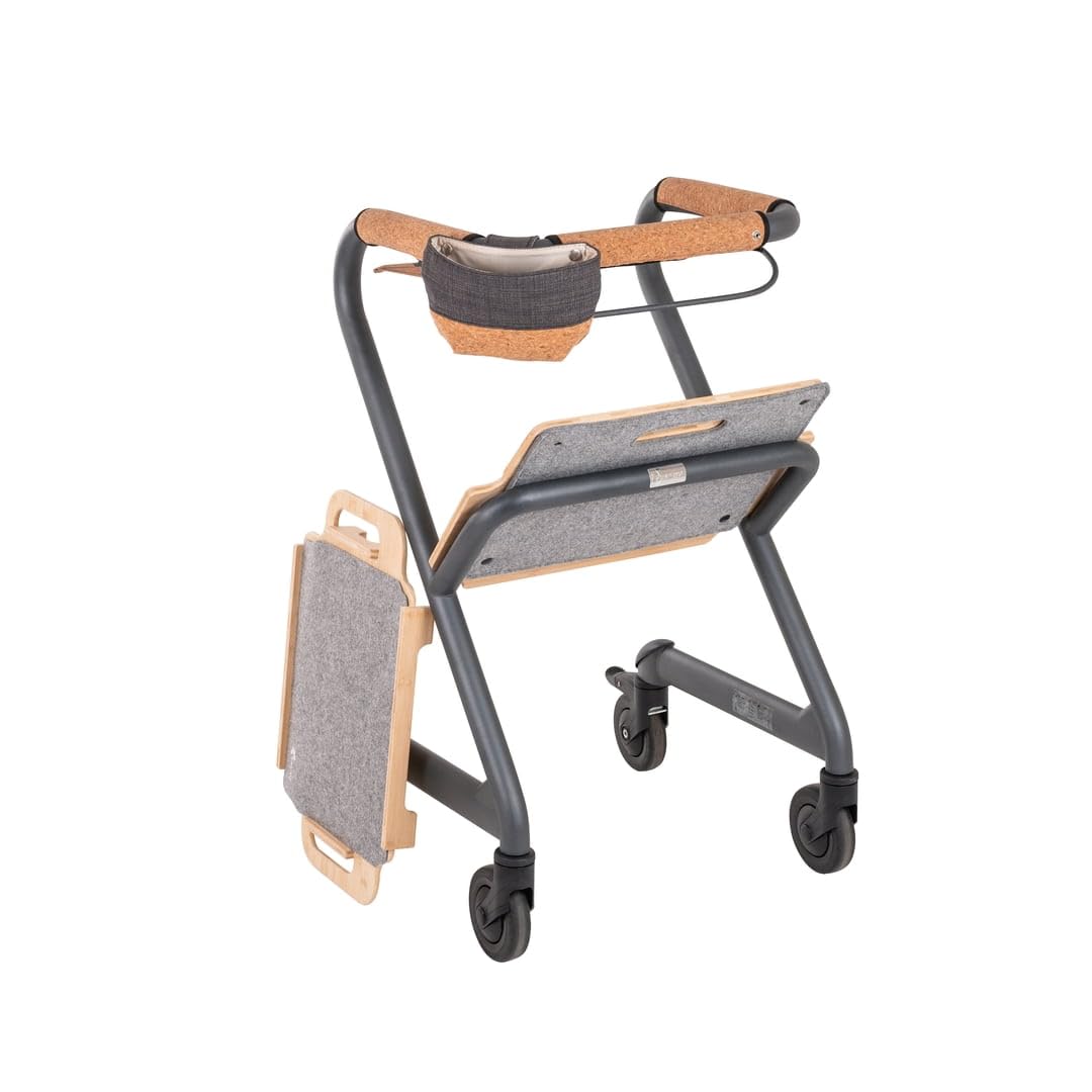 Saljol Wohnraumrollator in Vollausstattung, Helfer für den Wohnbereich mit Tablett und Sitz, Indoor Rollator, wendig, stabil, mobiler Handlauf, Sitzhöhe 56 cm, Velvet Grey (Anthrazit)
