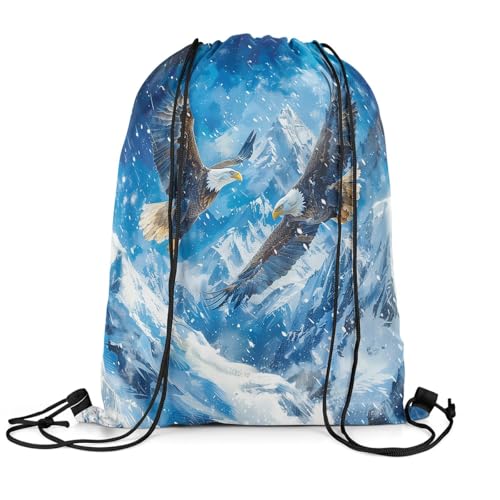 Castle Fairy 3D Flying Eagle Drawstring Backpack,Snow Mountain Scenery Drawstring Bag,Wild Animal Theme Adjustable Draw String Bag,Lightweight3