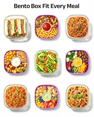 Image of Glass Salad Container,56oz Salad Bowl To Go for Lunch with Airtight Lid,Leak-Proof Sauce Container,4-Compartment Bento Tray & Reusable Fork - BPA-Free Glass Lunch Box for Meal Prep,Office(Purple)