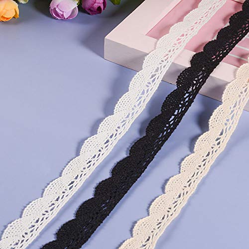 Vu100 16.5 Yards Crochet Cotton Lace Ribbon Trim, 3/4 Inch Vintage Sewing Lace Fabric Trim, For Gift Wrapping,Diy Craft,Wedding Decor Lace 3 Packs (5.5 Yards Each,Black/White/Beige) #TOP14