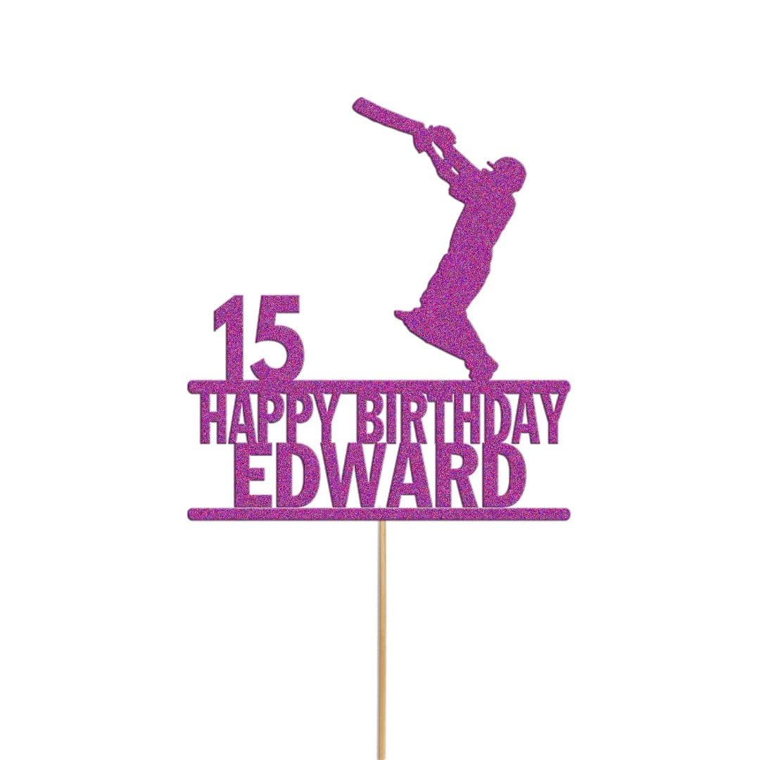 Personalized Cricket Cake Topper with Name and Age | Glitter Birthday Cake Decoration for Cricket Lovers, Custom Name Topper for Kids Birthday Party (Purple)