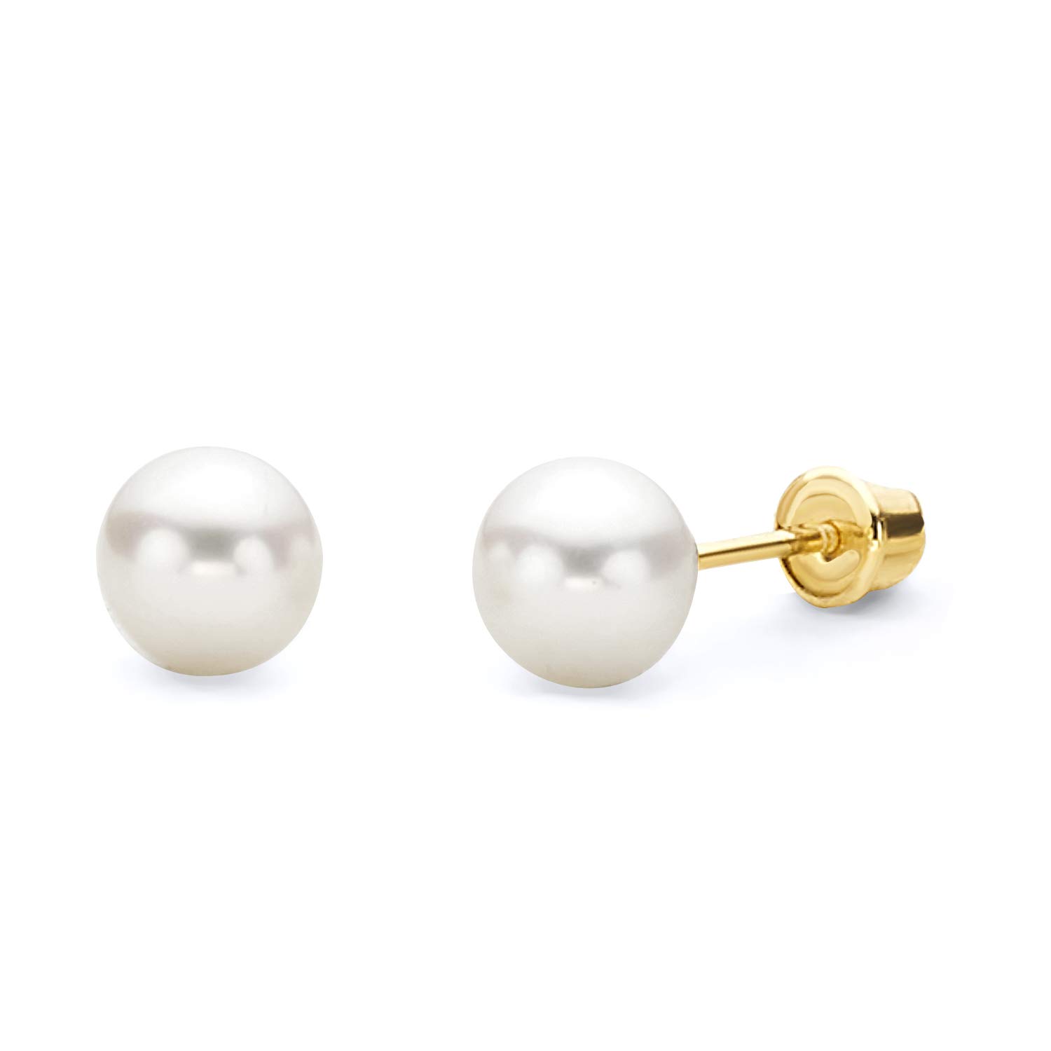 Wellingsale 14K Yellow Gold Polished 5mm Freshwater Cultured Pearl Stud Earrings With Screw Back