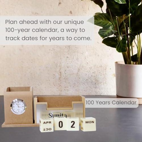 Image of Giftana 2 in 1 Personalized Desk Table Organizer with Pen Gift Set for Doctors, Customized Pen Stand Table Clock & Calendar, Customised New Year Corporate Gift Set for Employee (Beige,Silver)