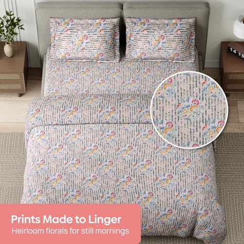 Image of Haus & Kinder King Size Bedsheet for Double Bed with 2 Pillow Covers 108 x 108 Inches | 186 TC Cotton Bedsheet for King Size Bed - Whispering Song Bird