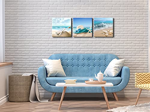 Pyradecor 3 Panels Starfish Seashell Bottle Beach Pictures On Canvas Wall Art Modern Seascape Stretched And Framed Giclee Canvas Prints Seaview Landscape Artwork For Bedroom Home Office Decorations #TOP3