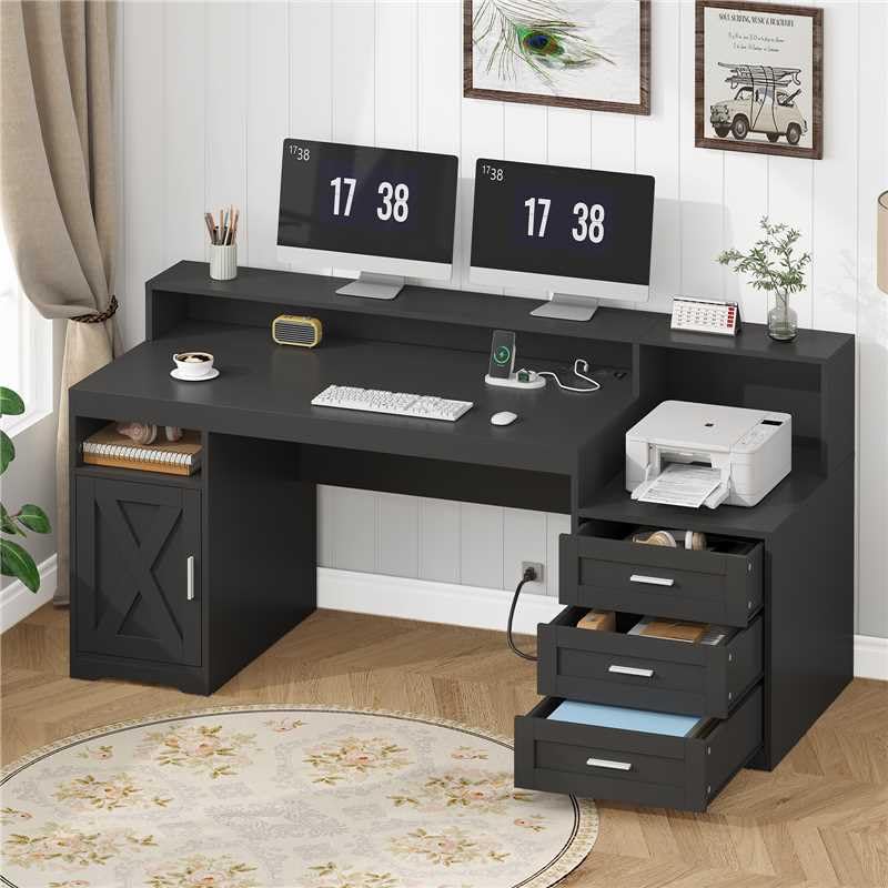 TVU Farmhouse Computer Desk with Drawers, 65'' Home Office Desk with Power Outlets, Storage Cabinet and Printer Stand, Study Writing Desks with Long