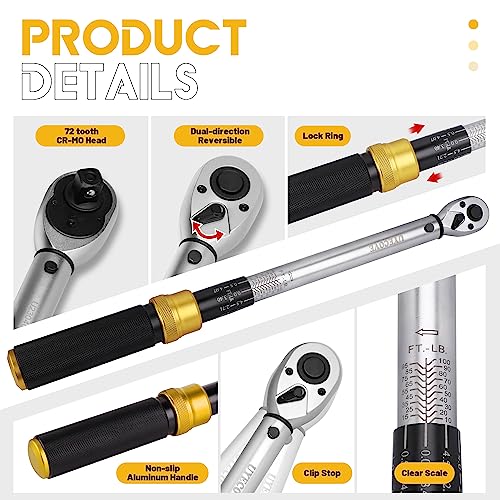 Uyecove 3/8-Inch Drive Click Torque Wrench 4 Pcs Set, Torque Wrench 3/8 Drive 10~100Ft/13.6-135.6N.m, Extention Bar 3/8'' To 1/2'' Adaptor And 3/8'' To 1/4'' Adaptor, Dual-Direction Quick Release #TOP2