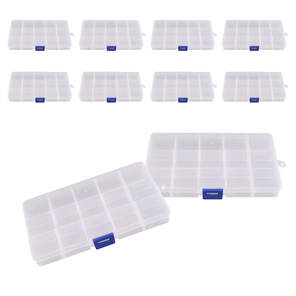 10 Pack Plastic Jewelry Box - Grid Organizer Storage Box with Adjustable Dividers Plastic Compartment Container for Bead Jewelry Craft Tackles (White 15 Slots)