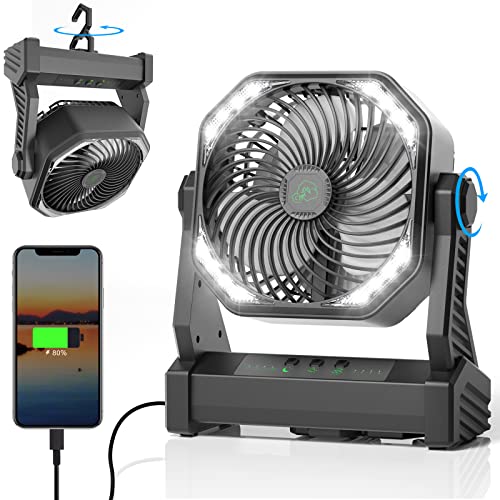 Gewanolla Ventilador de camping con luz LED, ventilador de campamento recargable de 20000 mAh con gancho, pivote de 270°, 4 velocidades, ventilador de mesa USB para camping, pesca, corte de energía,