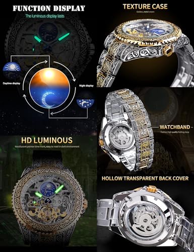 FORSINING Retro Watch for Men Carved Self-Wind Mechanical Tattoo Tourbillon Moon Phase Independent Seconds Skeleton Automatic Big Dial Wrist Watches