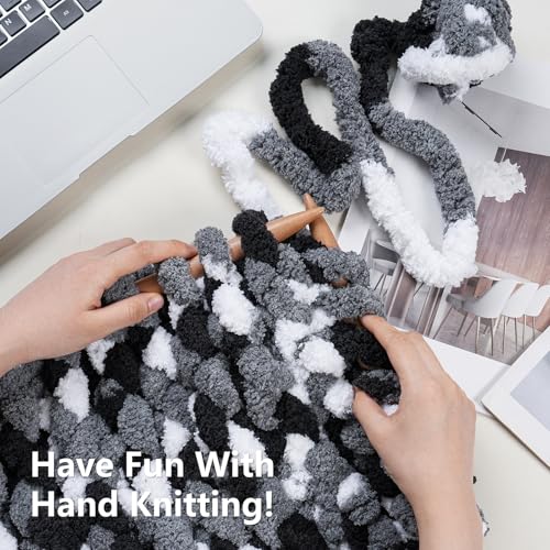 Image of Cozyful Chunky Yarn for Hand Knitting - #10 Chunky Chenille Blanket Yarn, Jumbo Big Thick Chunky Yarns for Crocheting, Tie Dye Bulky Knit Yarns, 8 Skein (20 yds 8 oz Each Skein), Black & Grey & White