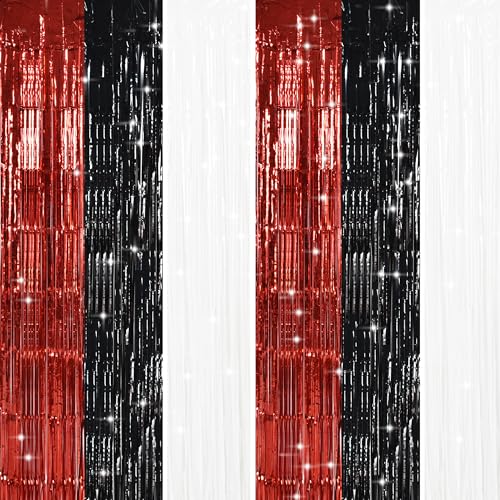 Image of TONIFUL Black Red White Door Streamers,Black Red and White Photo Booth Backdrop Metallic Streamers Foil Fringe Curtain for Birthday,New Year,Graduation,Grad,Baby Shower Party Streamers Decoration