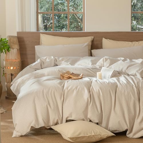 Image of MooMee Striped Duvet Cover Set 100% Washed Cotton Linen Like Oversized King | Relaxed Linen-like Texture. Soft, Breathable & Long-lasting Comfort. Lightweight. Hidden Zipper with 8 Interior Corner Ties