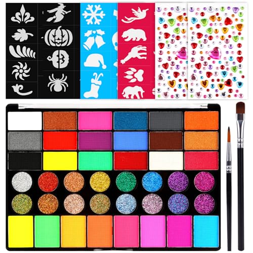 Alaoo Jogo de Pintura Facial para Crianças, 42 Cores de Pintura Corporal e Facial com 4 Molduras e 2 Pincéis 2 Adesivos de Diamante, para Crianças Adultos, para Dia das Bruxas Festival Festa Cosplay