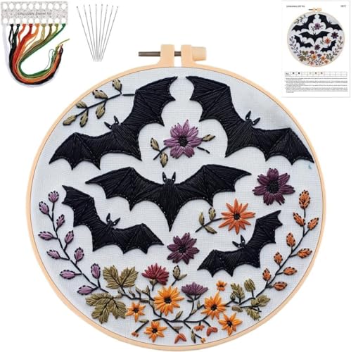 Image of Halloween Embroidery Kit,Halloween Cross Stitch Kit,DIY Embroidery Kits for Adults,Embroidery Kit for Beginners with Pattern,Cotton Threads,Needles,Instruction,20cm Hoop,for Decor Home Room(Bat)