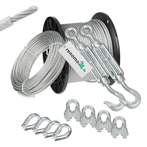 Renomo24 Drahtseil Set 4 - Stahlseil 20m 4mm 6x7 verzinkt und ummantelt 2x Spannschloss Haken/Öse 4x Bügelklemmen 4x Kauschen