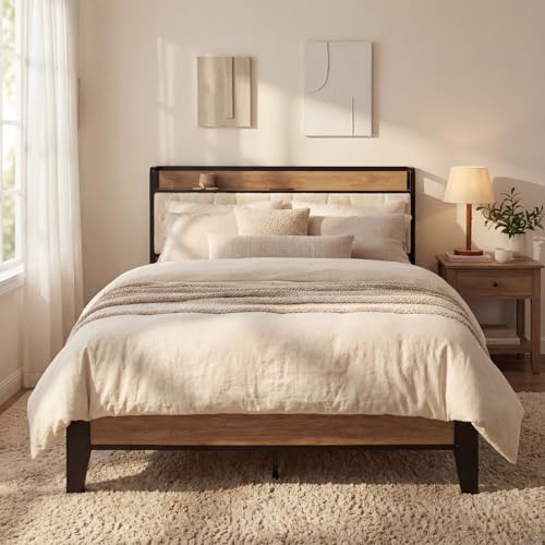 Image of LIKIMIO Full XL Bed Frames, Storage Headboard with Charging Station, Solid and Stable, Noise Free, No Box Spring Needed, Easy Assembly, Wood and Cream
