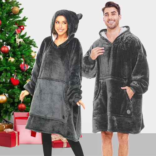 THREE POODLE Wearable Blanket Hoodie for Women, Oversized Sherpa Sweatshirt Blanket for Adults Men, Cozy Gray Hooded Blankets, Gifts for Teen Girls Women Mom Sister