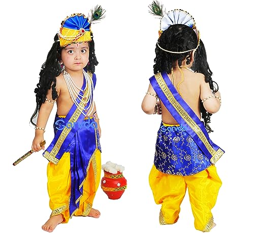 Image of Sarvda Shree Krishna Dress for Baby Boy & Radha Dress for Girls | Janamashtami Dress | Fancy Dress Costume with Accessories Dhoti, Dupatta, Mukut Flute Complete set, Ethnic wear