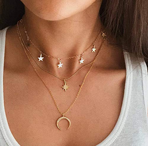 Ckecharfa Boho Gold Layered Moon Choker Necklaces Star Pendant Necklace Summer Beach Crystal Neck Chains Jewelry for Women and Girls