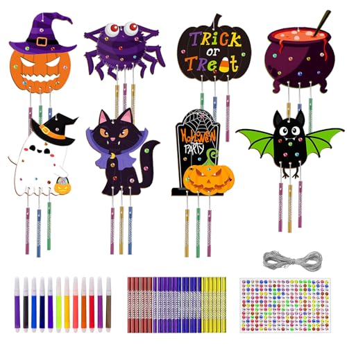 Halloween Holz Windspiel Bausatz Kinder (8 Stück) - DIY Grusel-Mobilé mit Klangspielen & Bemalung, Bastelgeschenk für Garten/Kinderzimmer, Mädchen/Jungen Halloween Party