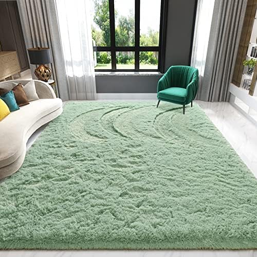Zedrew Sage-Green Area Rugs Fluffy Carpets, 4x6 Feet Indoor Plush Rug for Bedroom Living Room, Anti-Skid Rectangular Modern Rug for Kids Girls Children Nursery Room, Cute Shaggy Room Decor for Teenage